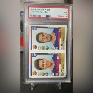 2015-16 Panini FIFA 365 Stickers #367-368 Lionel Messi / Luis Suarez PSA 7